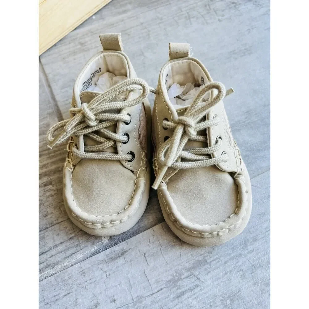 Baby Gap Mid Top Tan Khaki Moccasins Soft Sole Crib Shoes Sneakers Boys 6-12m 3